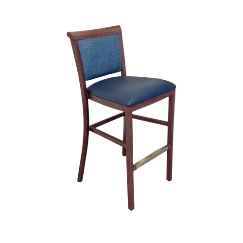 Hudson bar stool Chair. Faux Leather Seat. Backrest in Blue fabric