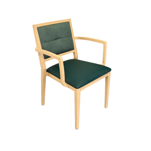 Handrix Dining Chair Stackable. Faux Leather Seat. Backrest in green fabric