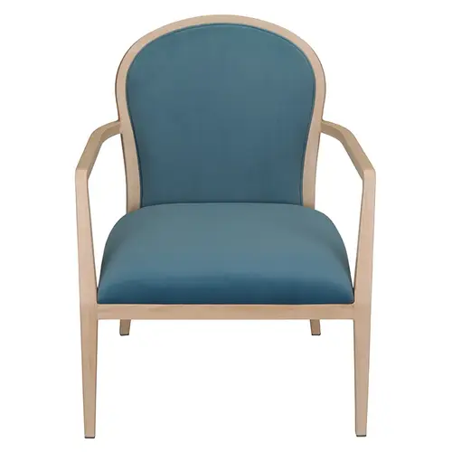 Hugh Dining Chair Stackable. Faux Leather Seat. Backrest in Blue fabric