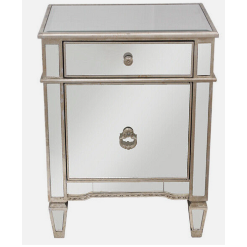 Mirrored Bedside Cabinet Antique 1 Door 1 Drawer Champagne trim